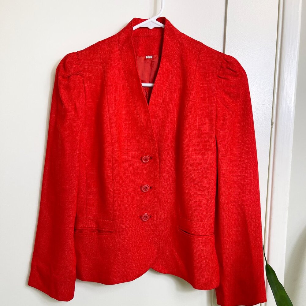 Vintage 1980s Cherry Red Peabody House Short Blazer with Puff Sleeves, Pockets - Picture 4 of 11